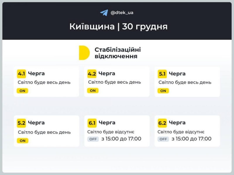 Графік відключення електроенергії на 30 грудня: коли не буде світла у понеділок