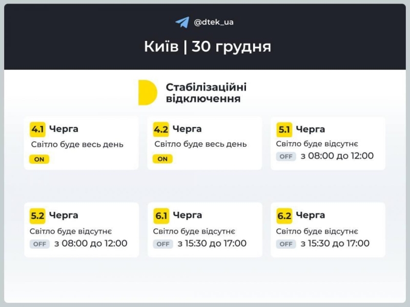 Графік відключення електроенергії на 30 грудня: коли не буде світла у понеділок