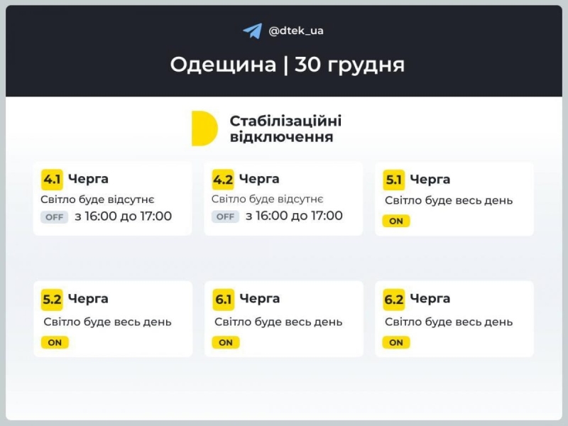 Графік відключення електроенергії на 30 грудня: коли не буде світла у понеділок