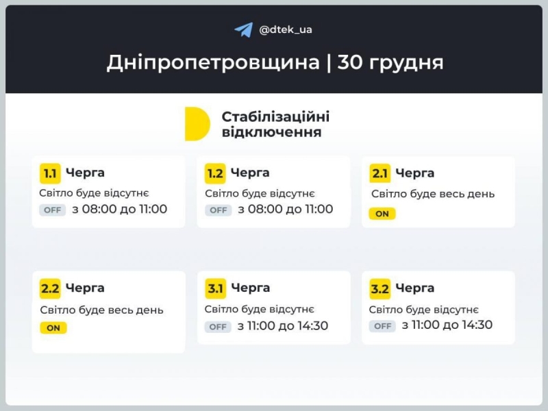 Графік відключення електроенергії на 30 грудня: коли не буде світла у понеділок