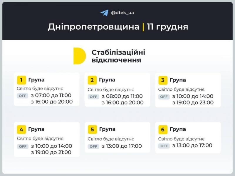 Графік вимкнення електроенергії на 11 грудня: коли не буде світла у середу